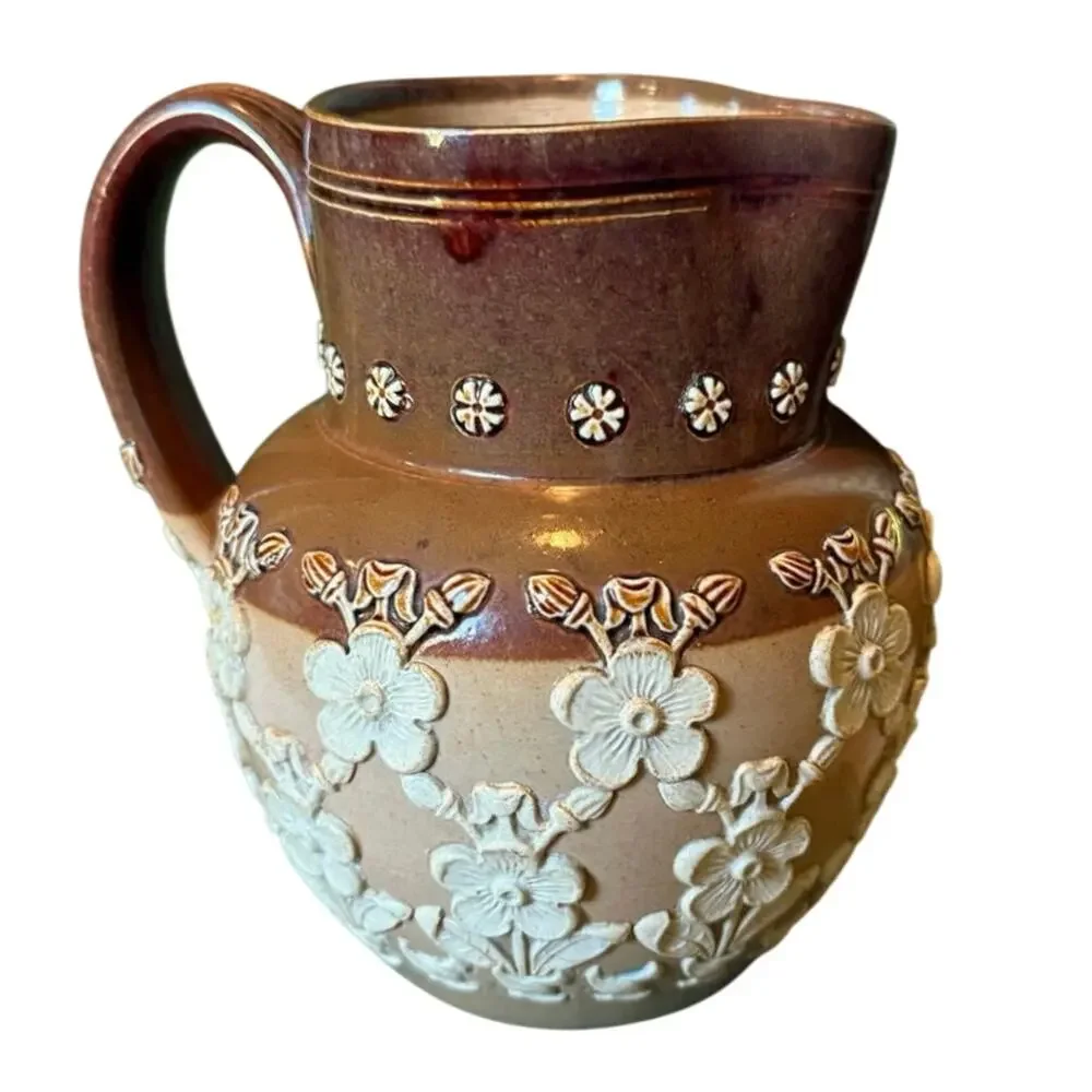 Doulton Lambeth Stoneware Pitcher – c. 1880–1900 – Raised Floral Relief – 5.5”